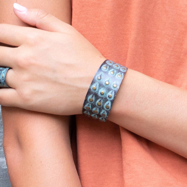 BRASS PATINA BRACELET - AQUA ON BROWN TEARDROPS AND DOTS