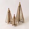 Three decorative geometric Christmas tree ornaments in varying sizes, featuring a distressed gold brass frame and textured clear glass panels, set against a plain light background.