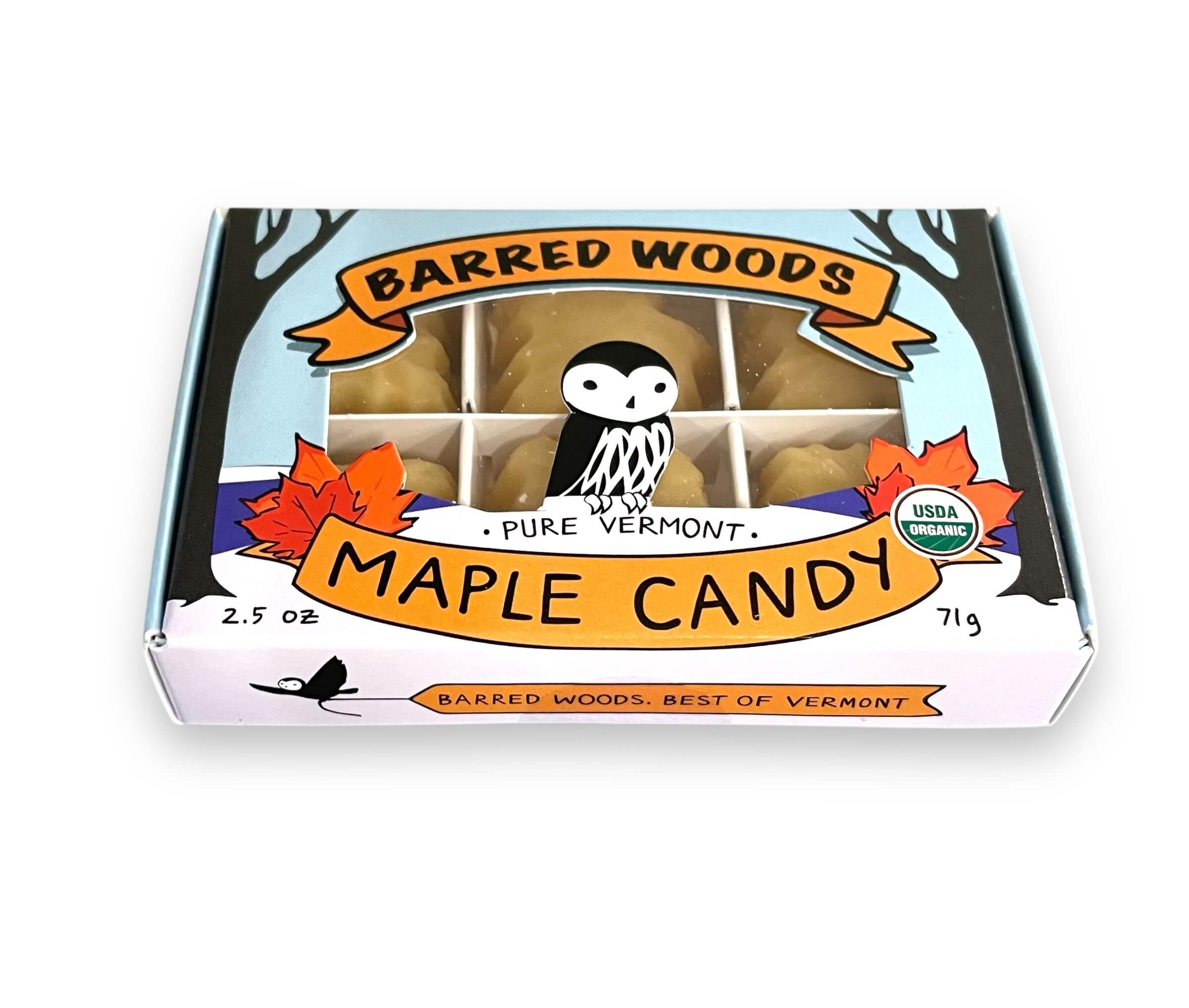 Box of Barred Woods Pure Vermont Maple Candy with owl design on a white background