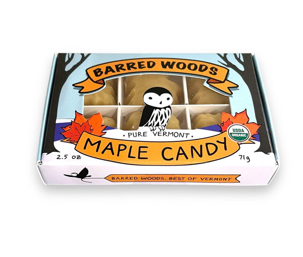 Box of Barred Woods Pure Vermont Maple Candy with owl design on a white background