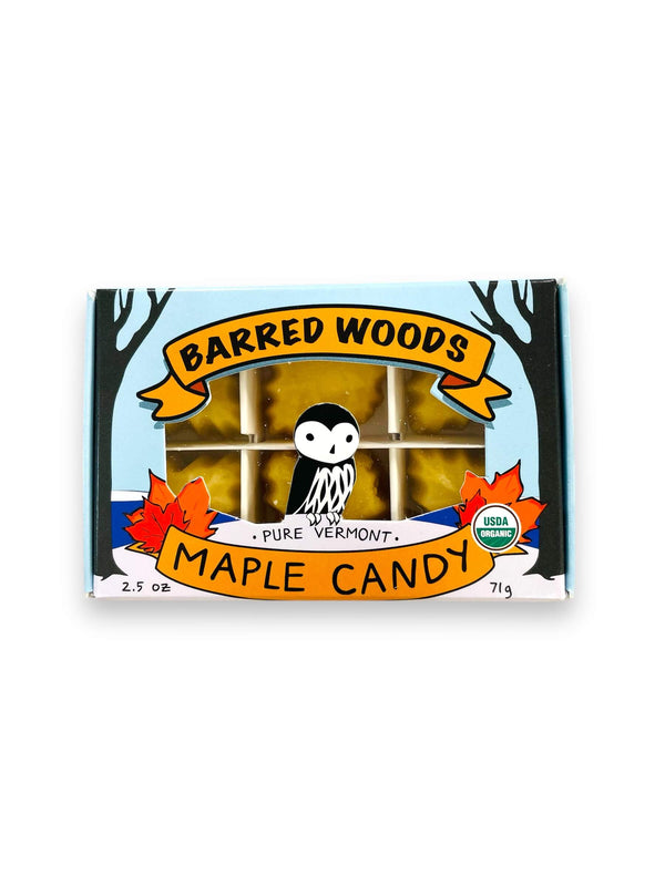 Box of Barred Woods Pure Vermont Maple Candy with a cartoon owl design on a white background