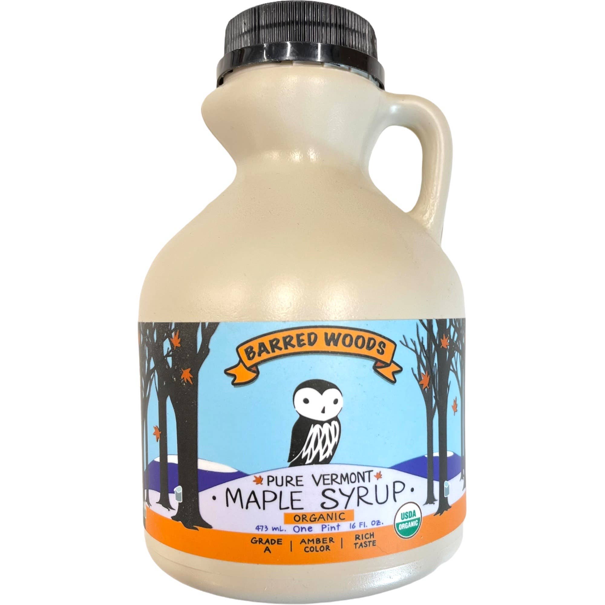 Barred Woods maple syrup bottle on a white background