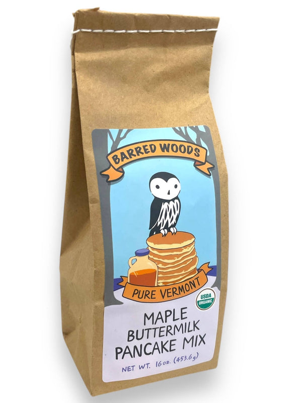 brown bag of pancake mix with little owl o pancake stack