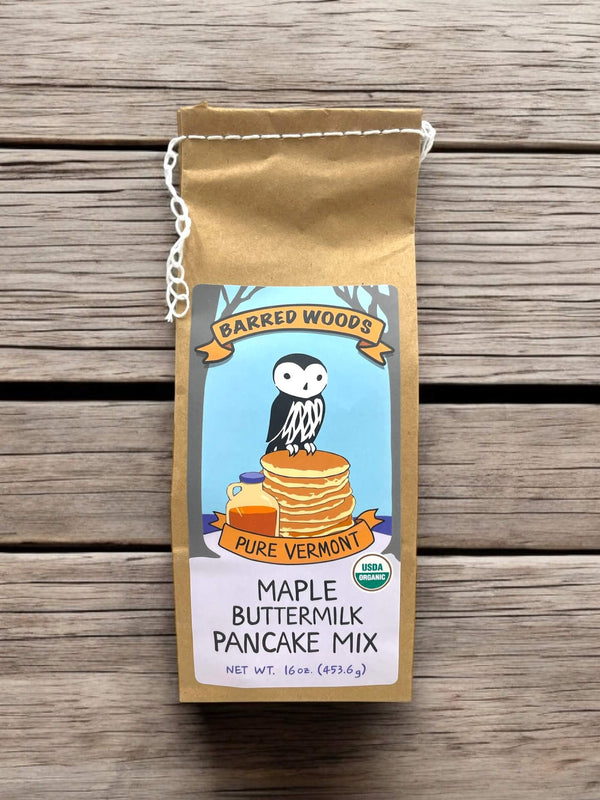Brown bag of pancake mix with graphic owl on a stack of pancakes