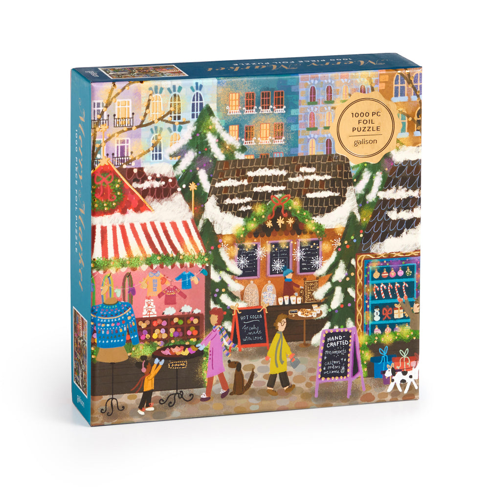 Puzzle box with a festive market scene design on a white background