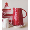 2 QUART HAND-PAINTED STONEWARE STRIPED ORGANIC SHAPED PITCHER, RED & WHITE