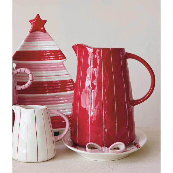 2 QUART HAND-PAINTED STONEWARE STRIPED ORGANIC SHAPED PITCHER, RED & WHITE