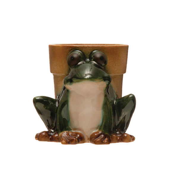 STONEWARE FROG PLANTER, REACTIVE GLAZE, GREEN, WHITE & BROWN (EACH ONE WILL VARY0