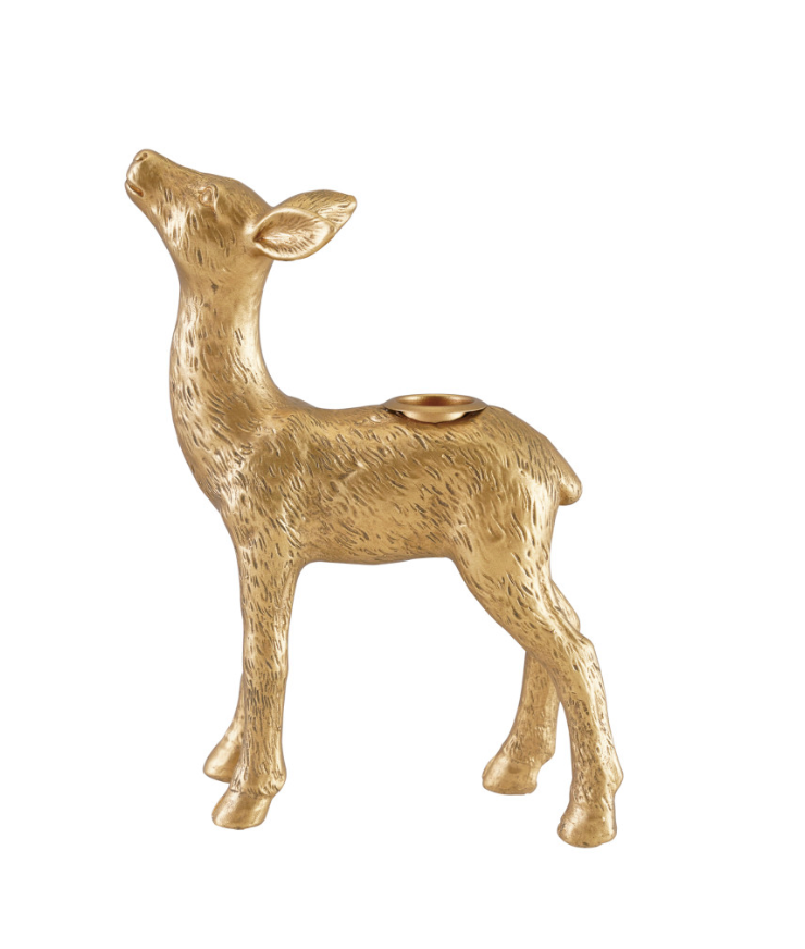 A gold deer-shaped candle holder with a textured finish, standing on a plain white background.