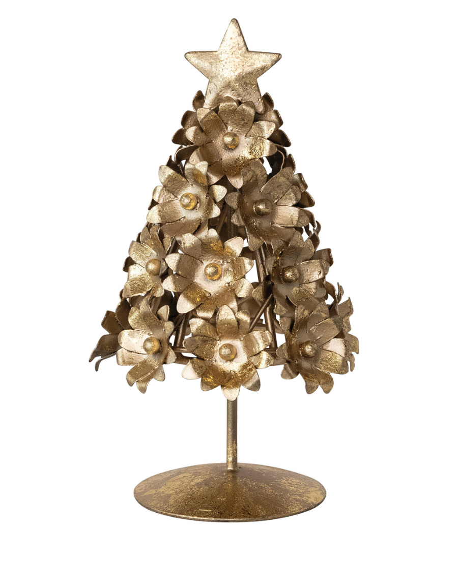 A decorative tabletop Christmas tree made of metallic gold-toned metal flowers arranged in a conical shape on a round base, with a star topper, shown against a plain white background.