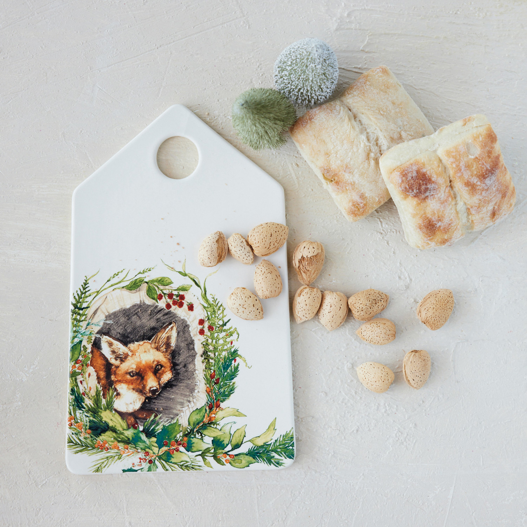 STONEWARE CHEESE/SERVING BOARD WITH FOX, SEASONAL BOTANICALS & HANDLE