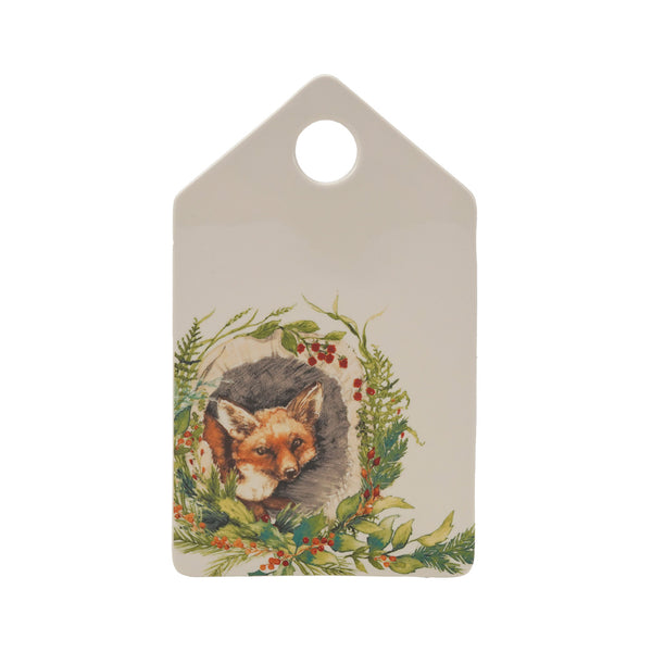 Stoneware Cheese/Serving Board with Fox, Seasonal Botanicals & Handle ©