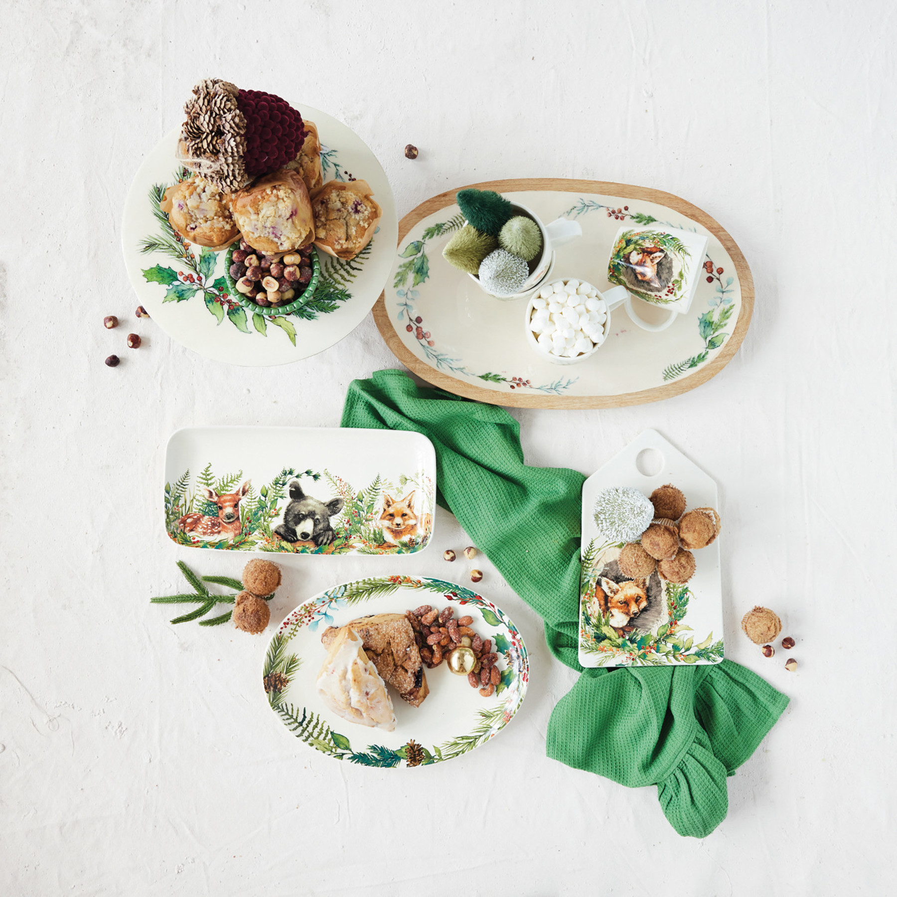 STONEWARE CHEESE/SERVING BOARD WITH FOX, SEASONAL BOTANICALS & HANDLE