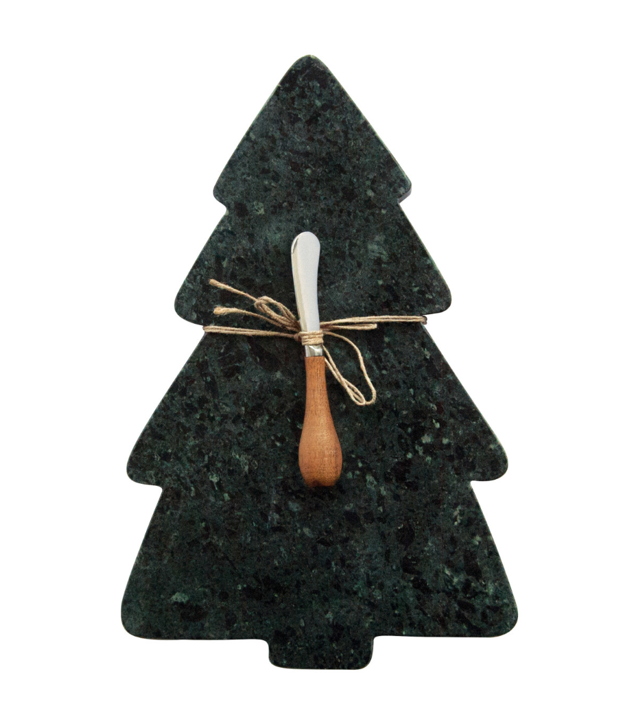 A dark green tree-shaped stone plaque featuring a small wooden spoon nestled in the center, tied with a rustic twine bow, on a solid white background.