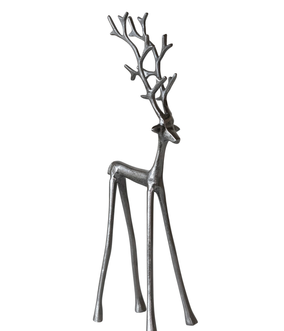 A modern, minimalist cast iron deer figurine with antlers, finished in a textured dark gray metallic finish, shown against a plain white background.