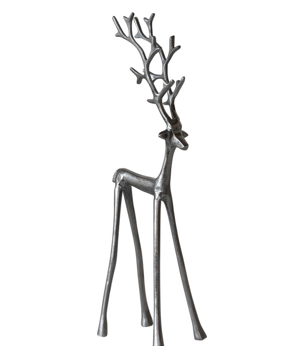 A modern, minimalist cast iron deer figurine with antlers, finished in a textured dark gray metallic finish, shown against a plain white background.