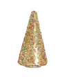 A small, cone-shaped decorative object covered in dense multicolored sequins and glitter, shown against a plain white background.
