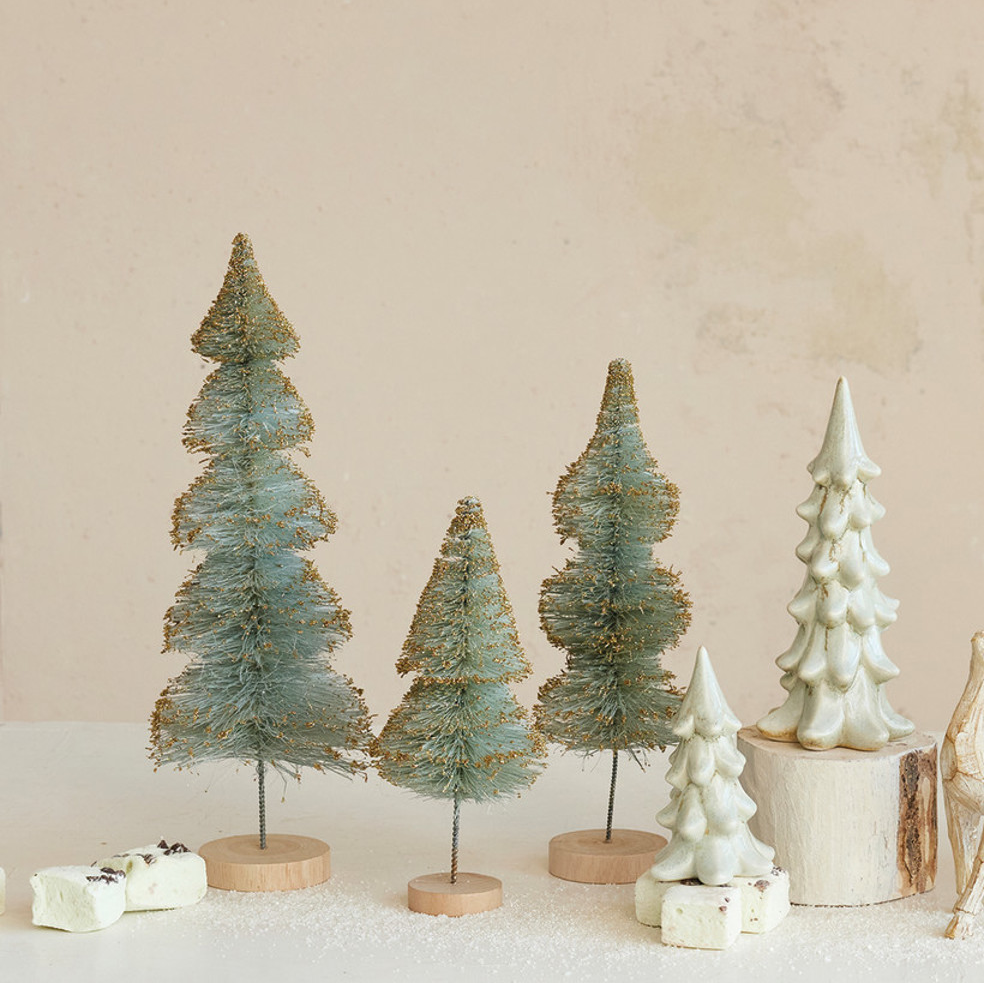 SISAL BOTTLE BRUSH TREE WITH GOLD GLITTER AND WOOD BASE, MINT COLOR