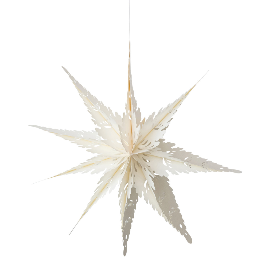 A white paper star-shaped hanging ornament with intricate cutout details, suspended against a solid white background.