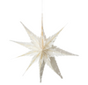A white paper star-shaped hanging ornament with intricate cutout details, suspended against a solid white background.