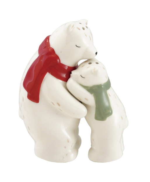 A ceramic polar bear figurine showing a mother bear hugging her cub. The mother bear is cream-colored and wears a bright red scarf, while the cub wears a sage green scarf.