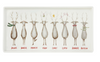 A rectangular white ceramic tray featuring a row of nine illustrated deer labeled Dasher, Dancer, Prancer, Vixen, Comet, Cupid, Donner, Blitzen, with small red names underneath each deer.