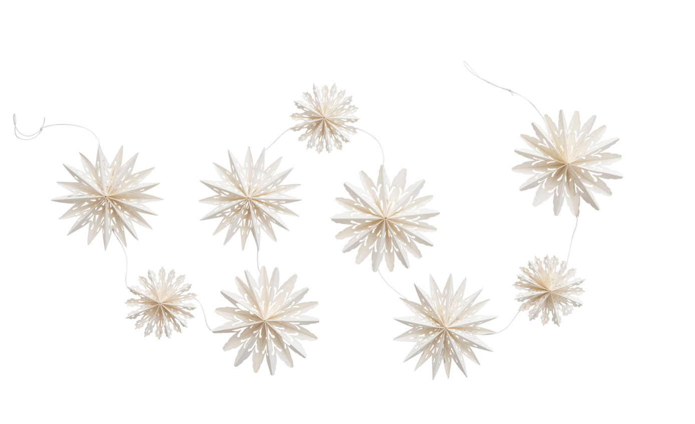 A string of cream-colored paper pom-pom garland, featuring multiple starburst-shaped decorations on a solid white background.