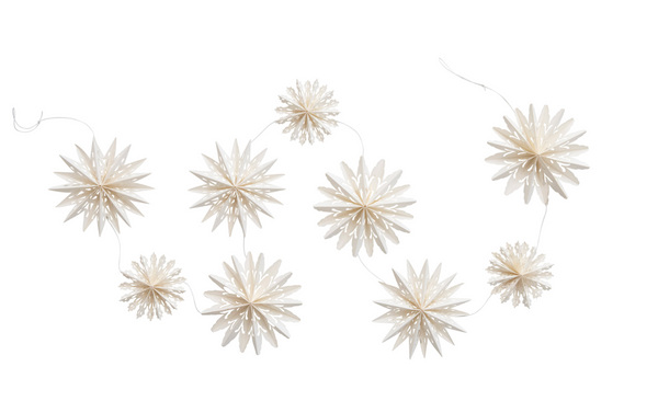 A string of cream-colored paper pom-pom garland, featuring multiple starburst-shaped decorations on a solid white background.