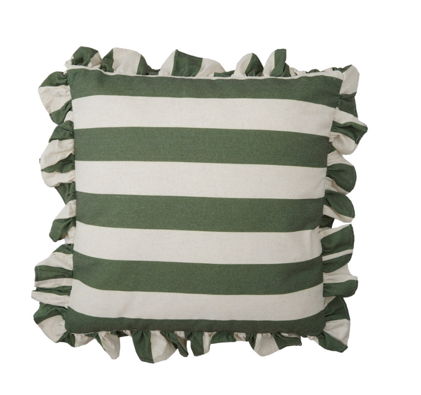 A square throw pillow with horizontal green and off-white stripes and ruffled trim on all sides, shown against a plain white background.