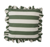 A square throw pillow with horizontal green and off-white stripes and ruffled trim on all sides, shown against a plain white background.