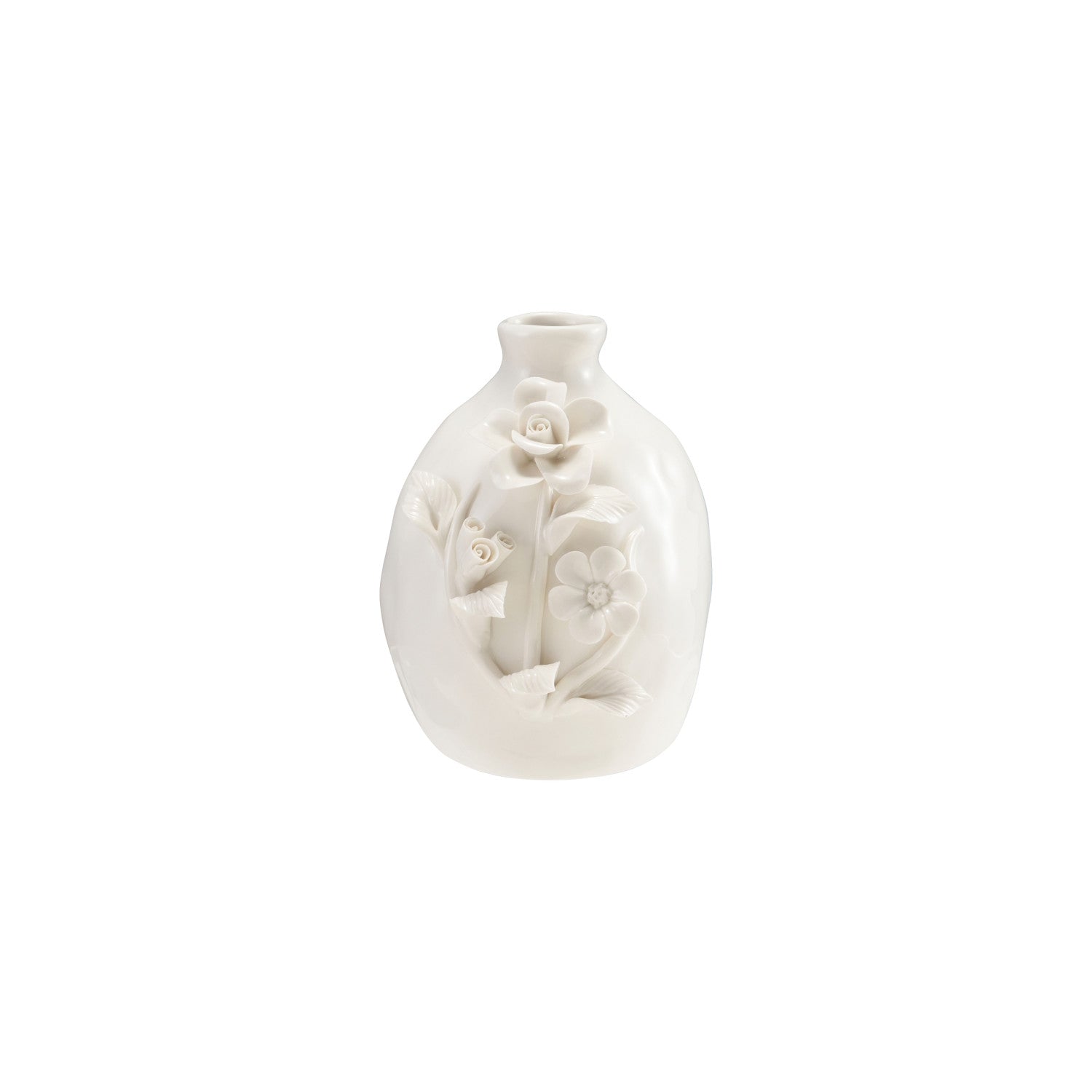 White ceramic vase with floral designs on a white background