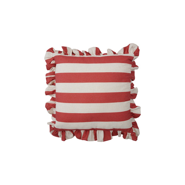 18" Square Fabric Striped Pillow with Ruffle, Red & Natural