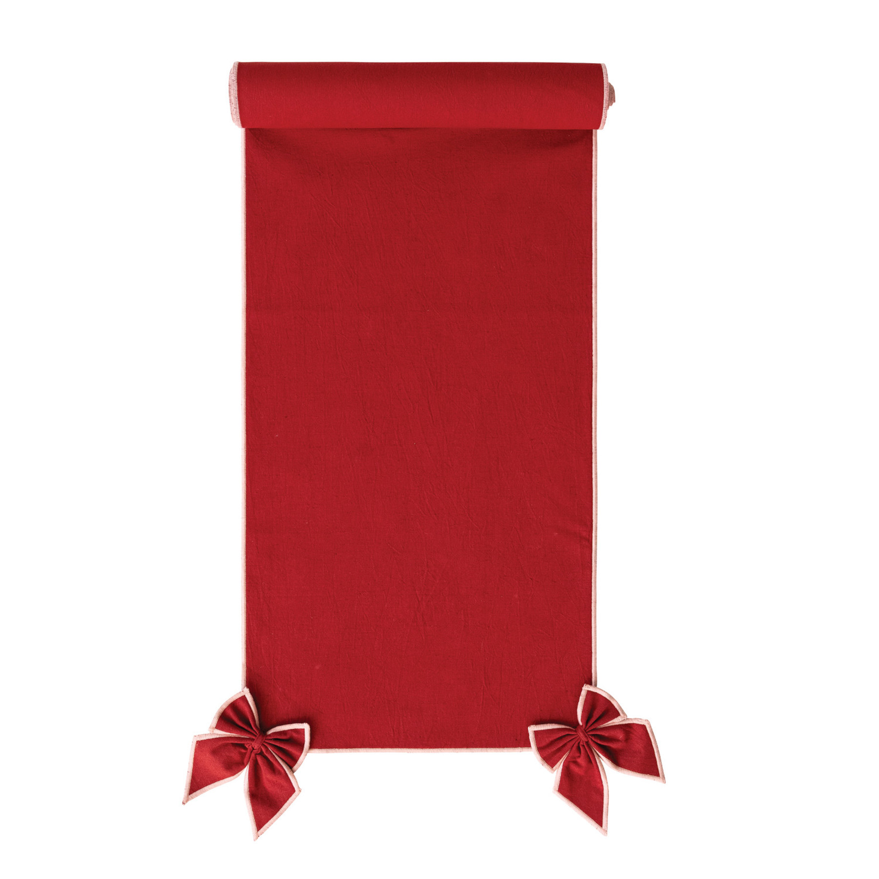 COTTON & LINEN TABLE RUNNER WITH DETACHABLE BOWS & PINK STITCHED EDGE, RED