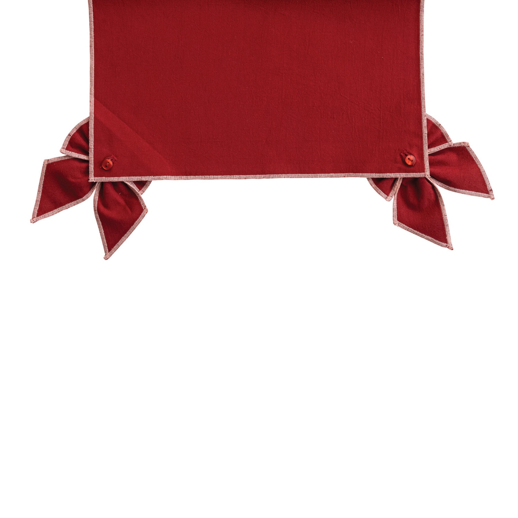 COTTON & LINEN TABLE RUNNER WITH DETACHABLE BOWS & PINK STITCHED EDGE, RED
