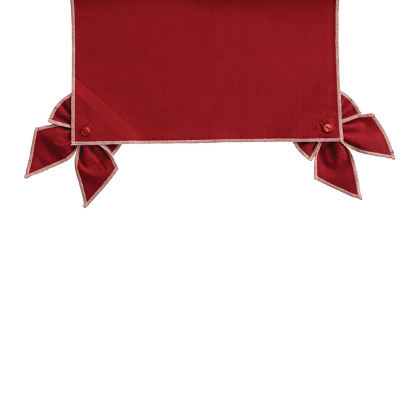 COTTON & LINEN TABLE RUNNER WITH DETACHABLE BOWS & PINK STITCHED EDGE, RED