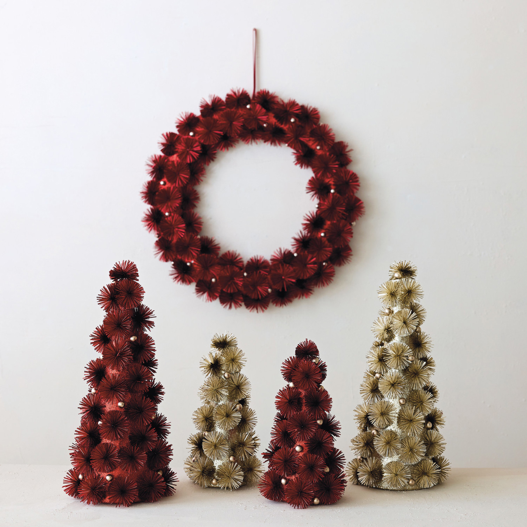 PLASTIC TINSEL BALL TREE WITH GLITTER & SILVER COLOR BEADS, RED