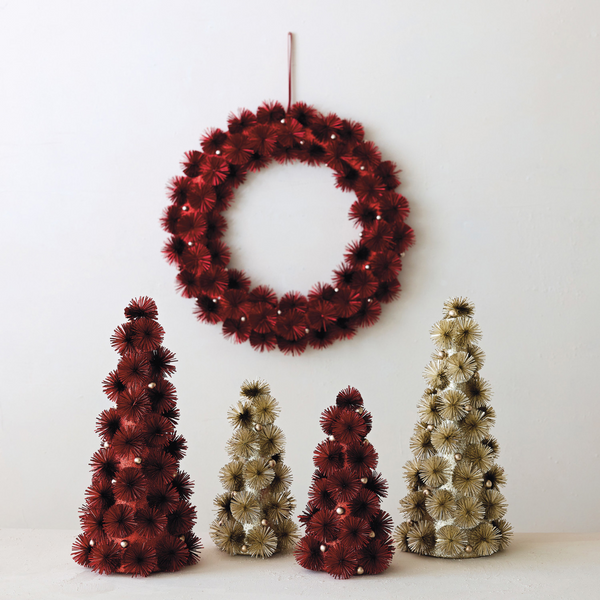 PLASTIC TINSEL BALL TREE WITH GLITTER & SILVER COLOR BEADS, RED