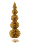 A gold metallic tinsel Christmas tree with a tiered, stacked cone design and a round gold base, photographed against a solid white background.