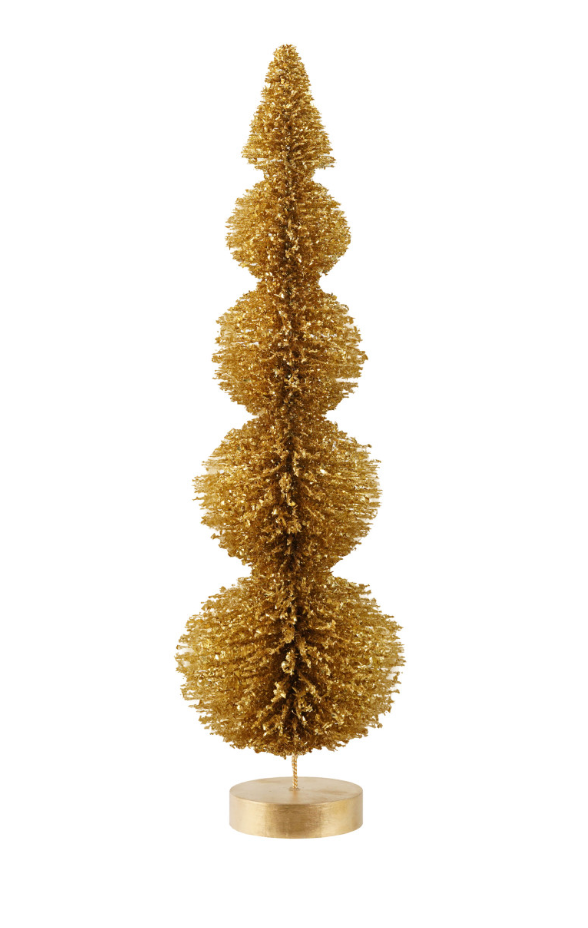 A gold metallic tinsel Christmas tree with a tiered, stacked cone design and a round gold base, photographed against a solid white background.
