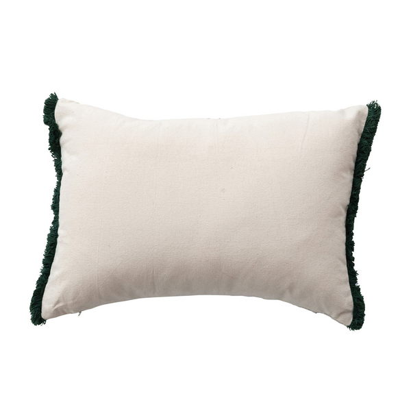 COTTON SLUB PRINTED LUMBAR PILLOW WITH TREE PATTERN, EMBROIDERY & TUFTED FRINGE