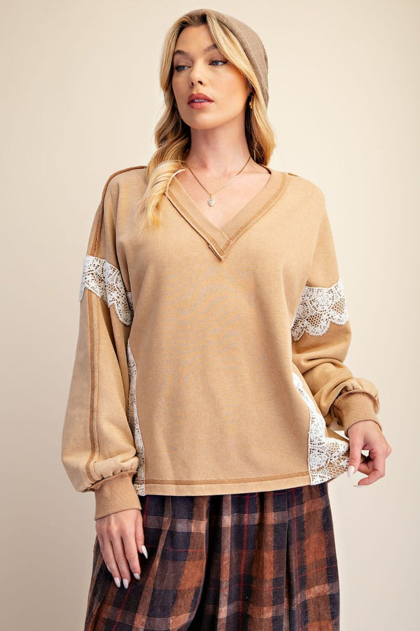 LACE DETAIL TERRY PULLOVER