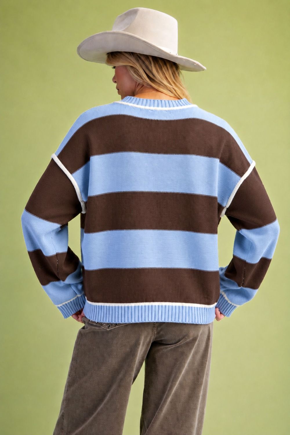 BROWN & BLUE STRIPED PATTERN KNIT SWEATER