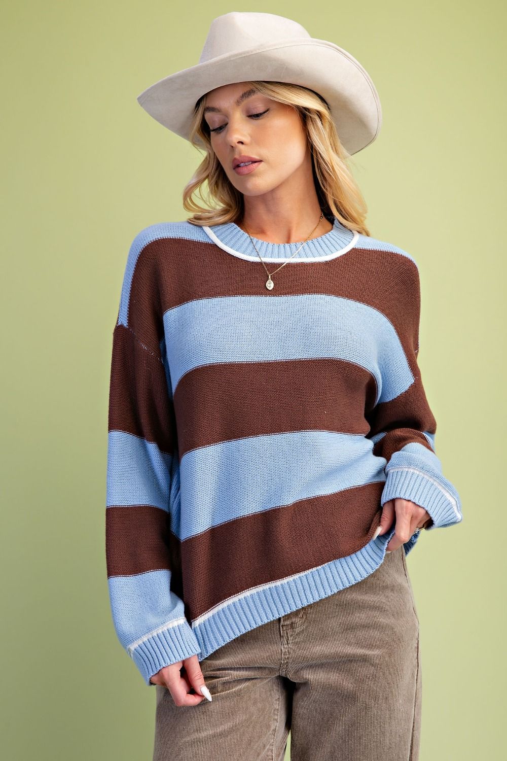 BROWN & BLUE STRIPED PATTERN KNIT SWEATER