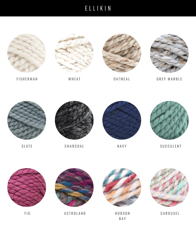 Color swatches of yarn in various shades with 'Ellikin' branding.