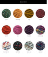 A color swatch chart for the yarn brand ELLIKIN, showing twelve circular samples of variegated yarn in different colors and patterns, each labeled with its name (KALE, MUSTARD, FLAX, CLARET, SPICE, FIG, RAISIN, ASTROLAND, HUDSON BAY, BEDROCK, SEAGlass, ABALONE) on a white background with a black header.