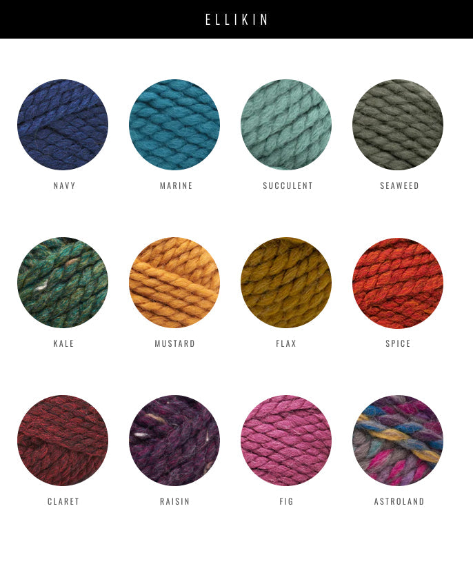 Ellikin yarn color chart showing twelve circular swatches of textured yarn in various colors, labeled Navy, Marine, Succulent, Seaweed, Kale, Mustard, Flax, Spice, Claret, Raisin, Fig, and Astroland on a white background with a black header.