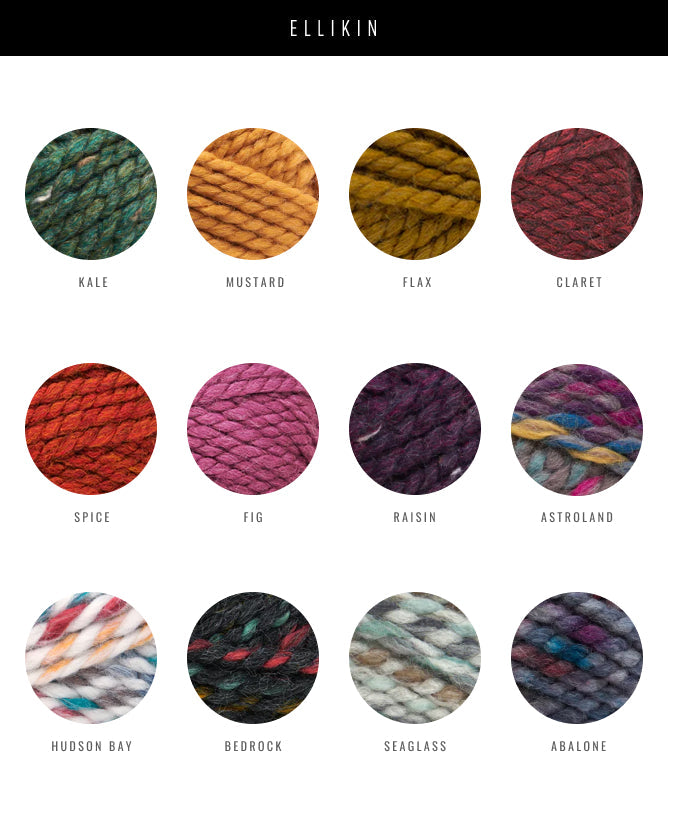 A color swatch chart for the yarn brand ELLIKIN, showing twelve circular samples of variegated yarn in different colors and patterns, each labeled with its name (KALE, MUSTARD, FLAX, CLARET, SPICE, FIG, RAISIN, ASTROLAND, HUDSON BAY, BEDROCK, SEAGlass, ABALONE) on a white background with a black header.