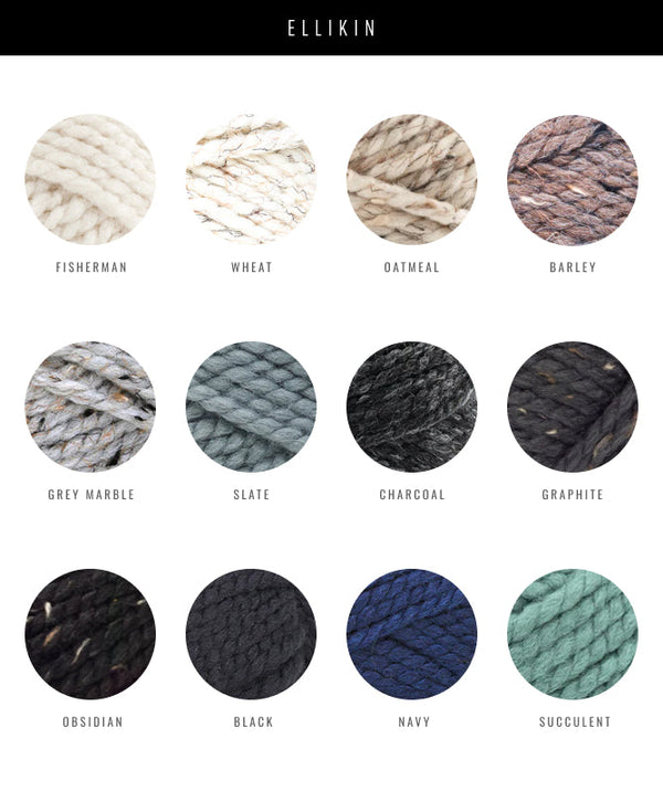 A color chart for Ellikin rope showing 12 circular yarn/rope swatches arranged in a grid with labeled names: Fisherman, Wheat, Oatmeal, Barley, Grey Marble, Slate, Charcoal, Graphite, Obsidian, Black, Navy, and Succulent.