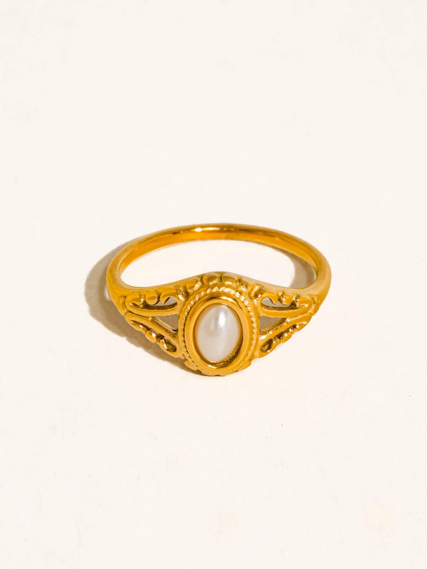 BLOIS 18K GOLD NON-TARNISH VINTAGE PEARL FILIGREE RING