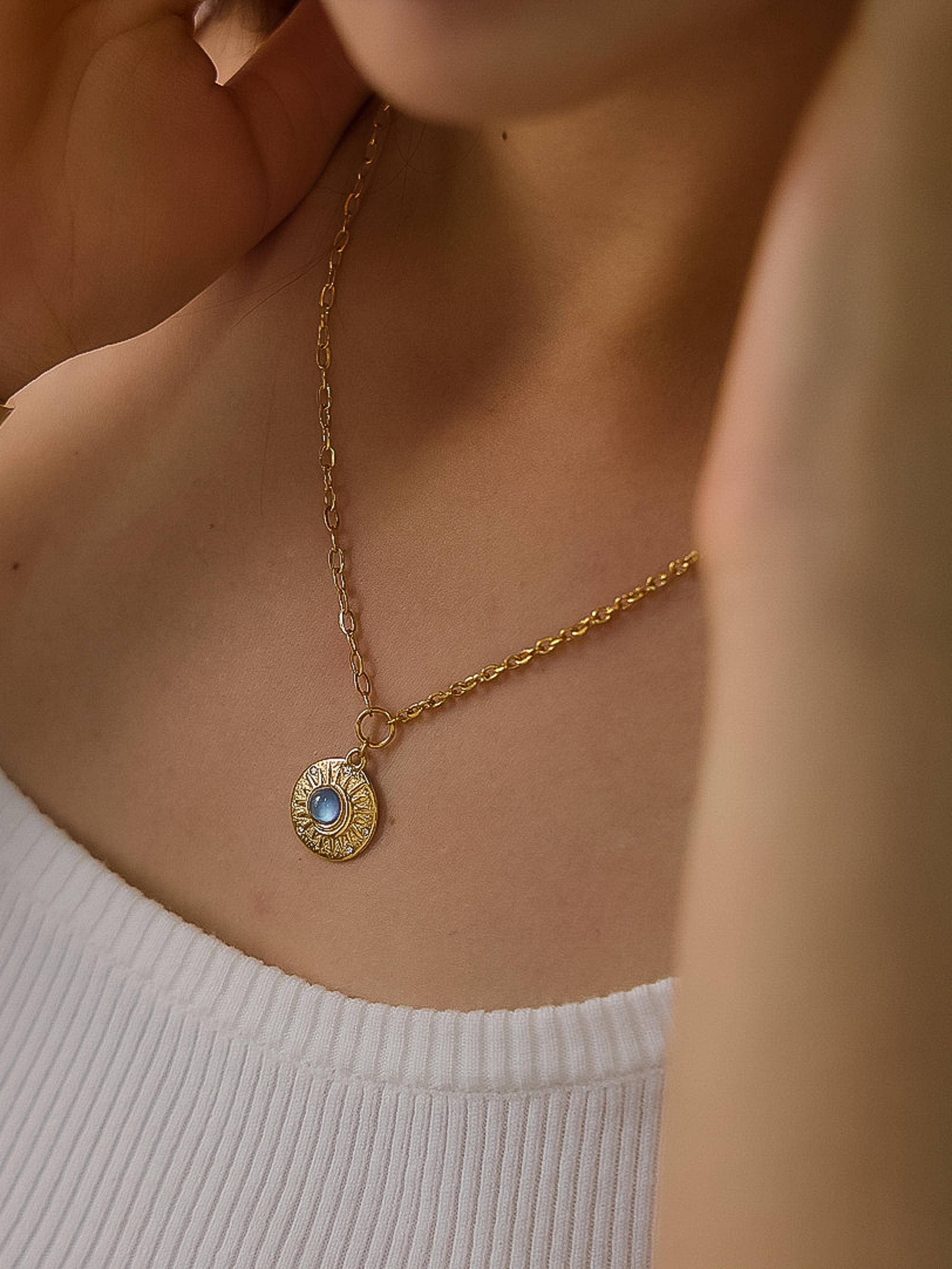 MOONLIT 18K GOLD NON-TARNISH BLUE MEDALLION NECKLACE